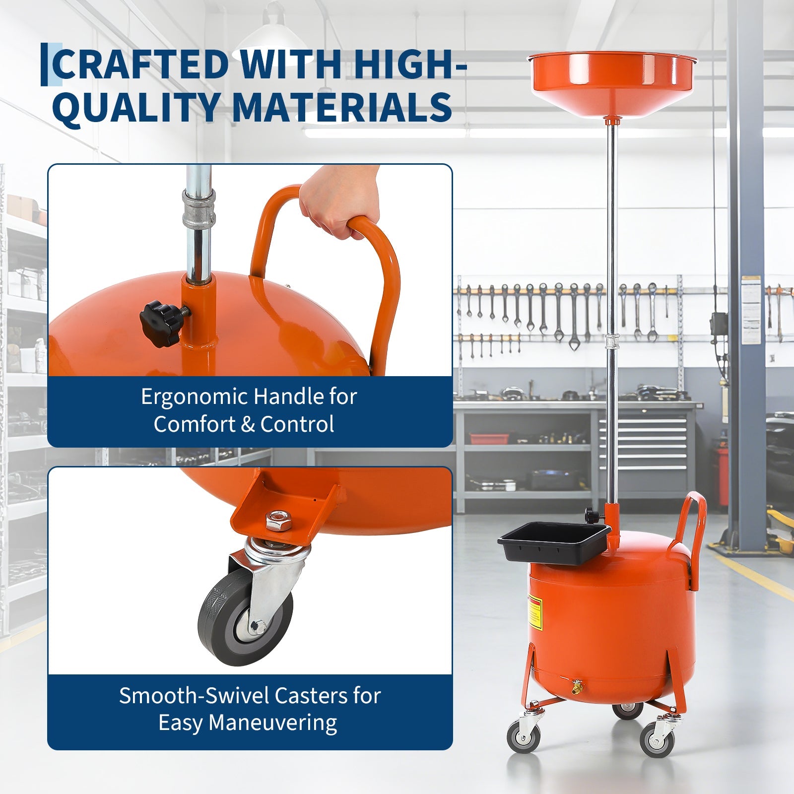 Garvee 8 Gallon Portable Air-Operated Waste Oil Drainer - Heavy-Duty Steel with 15" Adjustable Funnel, Built-In Toolbox, and Casters for Garages, Orange