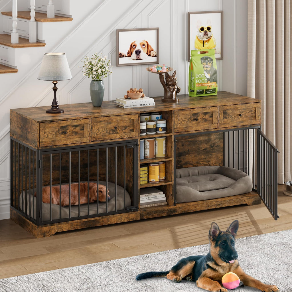 Garvee 82" Large Dog Crate for 2 Dogs, Dog Kennel Indoor with 4 Drawers and Shelves, Heavy Duty Double Dog Crate Furniture TV Stand, Wooden Dog Cage for Medium Large Dogs, Brown