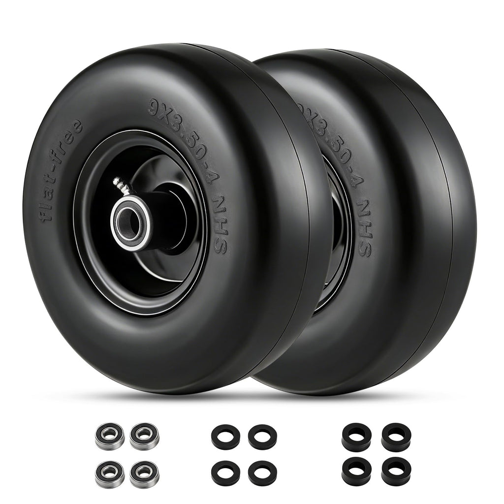 Garvee 2 Pack 9x3.50-4 Flat Free Lawn Mower Tire with PU Foam, Steel Rim, 3/4" 5/8" Bushings, Durable, Zero Maintenance for Push Mower