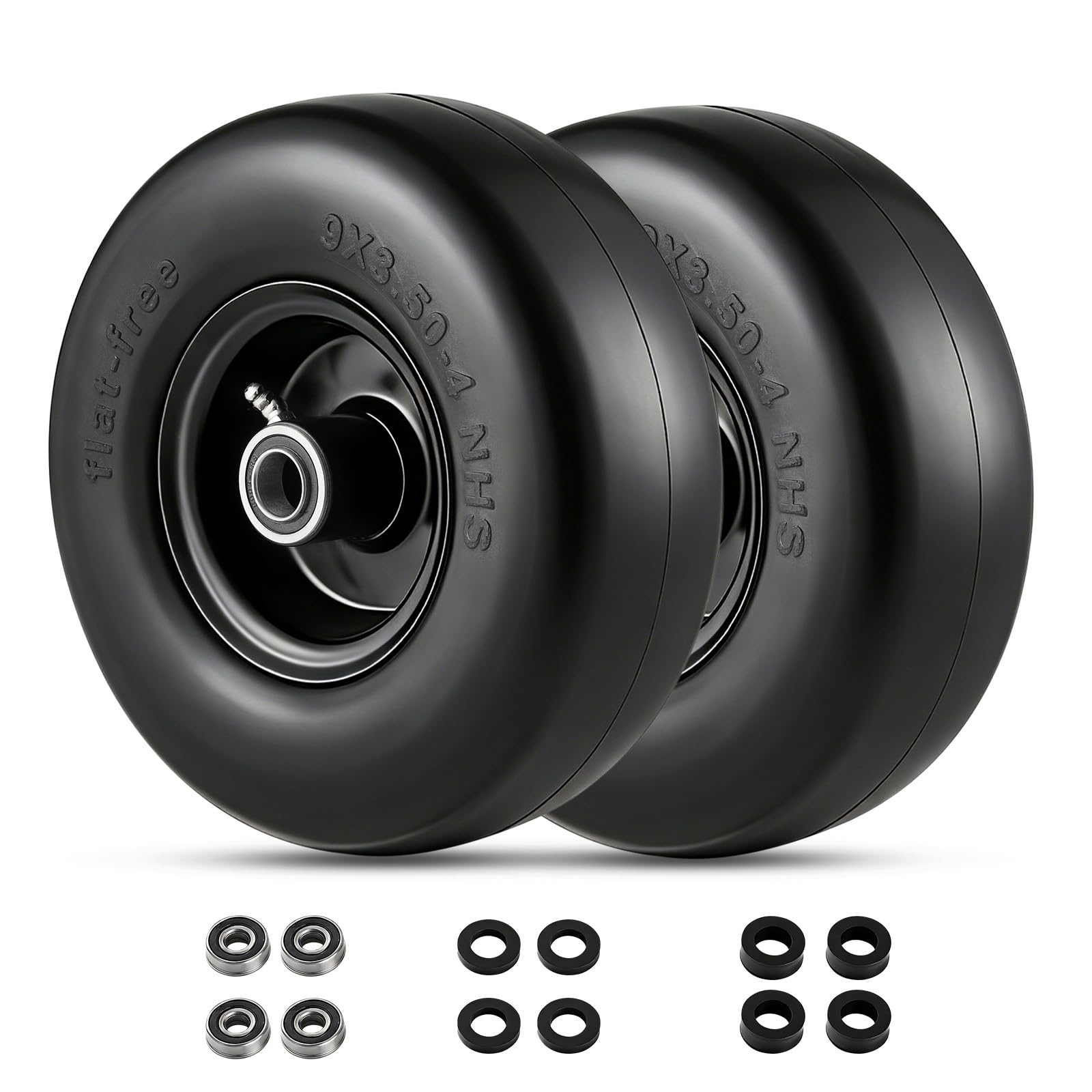 Garvee 2 Pack 9x3.50-4 Flat Free Lawn Mower Tire with PU Foam, Steel Rim, 3/4" 5/8" Bushings, Durable, Zero Maintenance for Push Mower