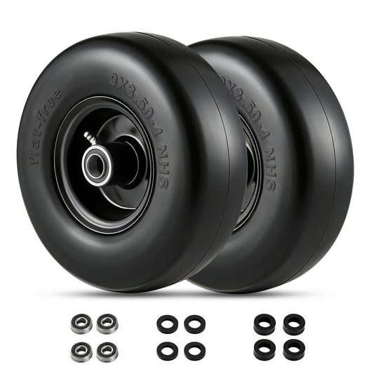 Garvee 2 Pack 9x3.50-4 Flat Free Lawn Mower Tire with PU Foam, Steel Rim, 3/4" 5/8" Bushings, Durable, Zero Maintenance for Push Mower
