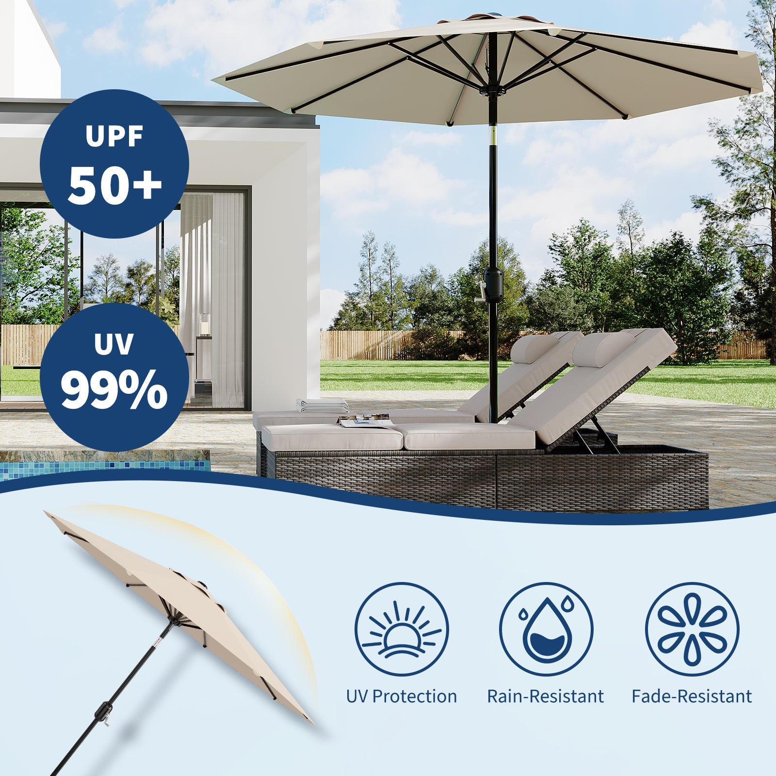 Garvee 9 ft Outdoor Patio Umbrella with 8 Sturdy Ribs, Crank Lift, Push-Button Tilt & UV-Resistant Waterproof Canopy for Pool, Deck, Yard & Garden, Light Beige