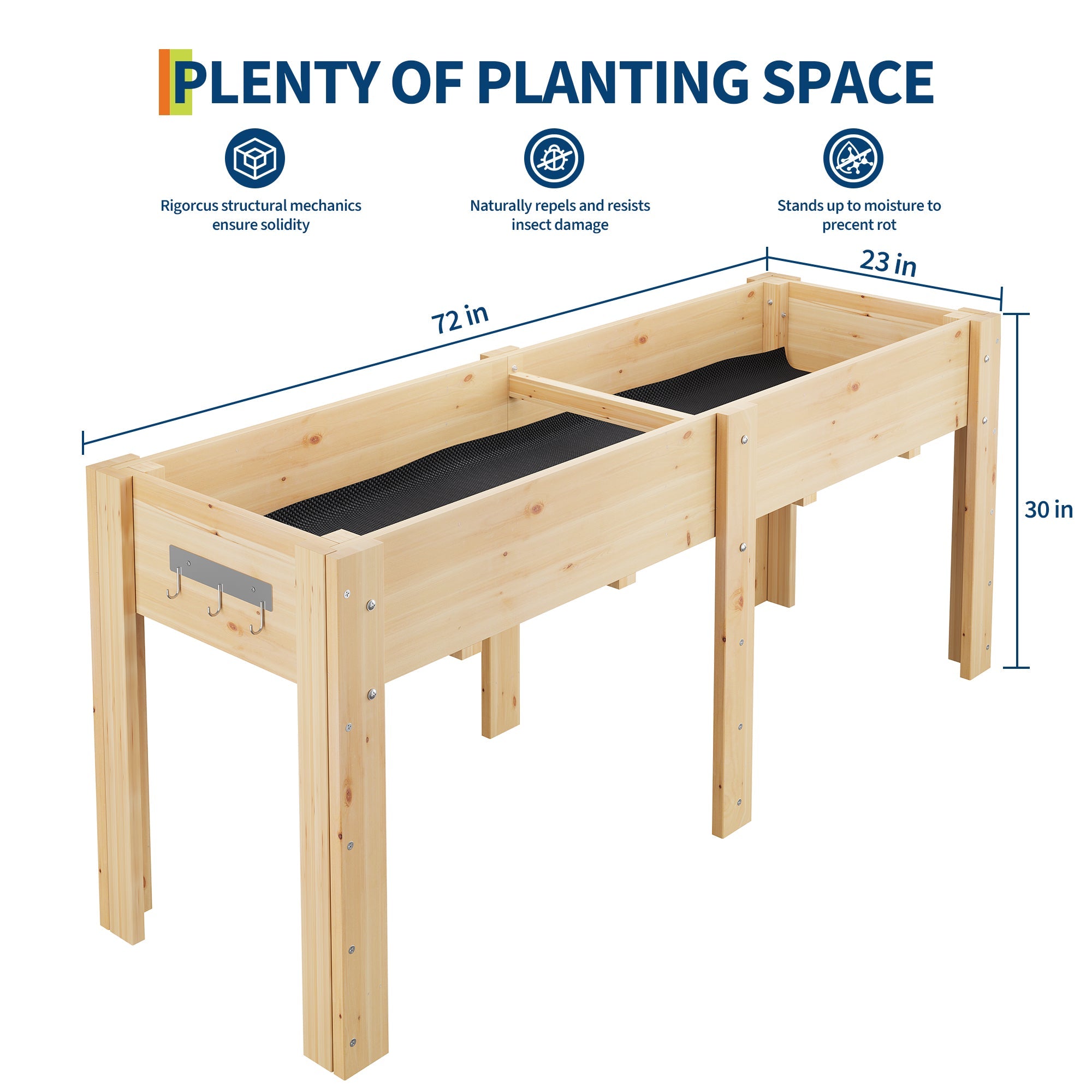 Garvee Ergonomic Wooden Raised Garden Bed with High Legs & Hooks, 72" x 23" x 30" Large Capacity Outdoor Planter Box with Non-Woven Liner, Easy Assembly for Vegetables, Herbs & Flowers, Varnish
