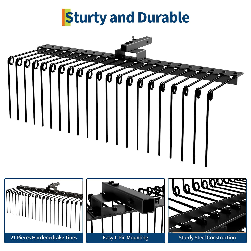 Garvee 48 in Pine Straw Rake Landscape Tool with 17 Spring Steel Tines, Steel Anti-Rust, Fits 2 in Receiver for Lawn Tractors ATV UTV