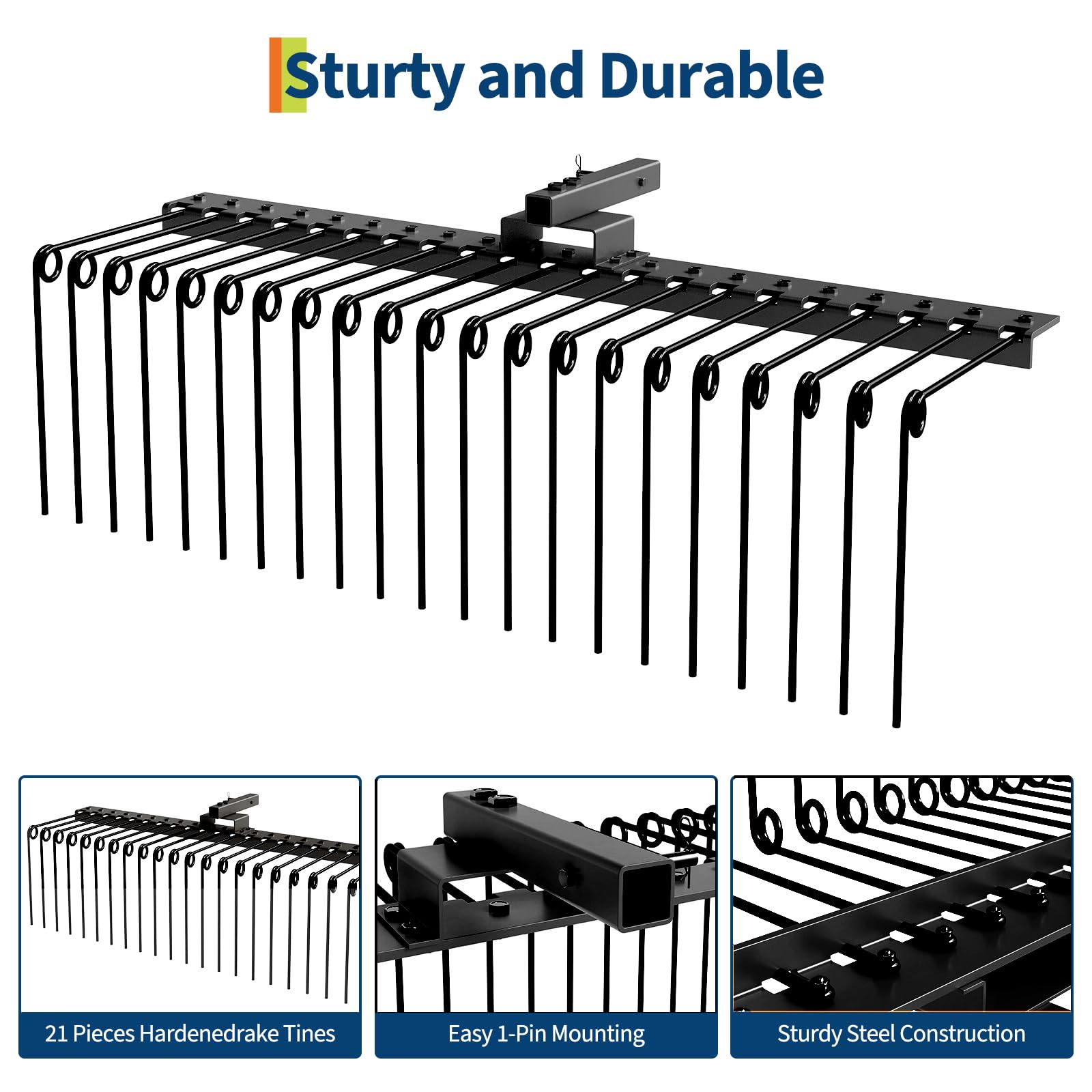 Garvee 48 in Pine Straw Rake Landscape Tool with 17 Spring Steel Tines, Steel Anti-Rust, Fits 2 in Receiver for Lawn Tractors ATV UTV