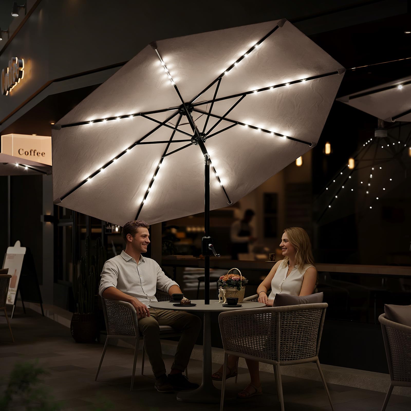 Garvee 10 FT Patio Umbrella with Solar Lights, Outdoor Table Umbrella with 8 Durable Ribs, Tilt & Crank Mechanism, Waterproof & UV Protection for Garden, Backyard, Poolside, Beige