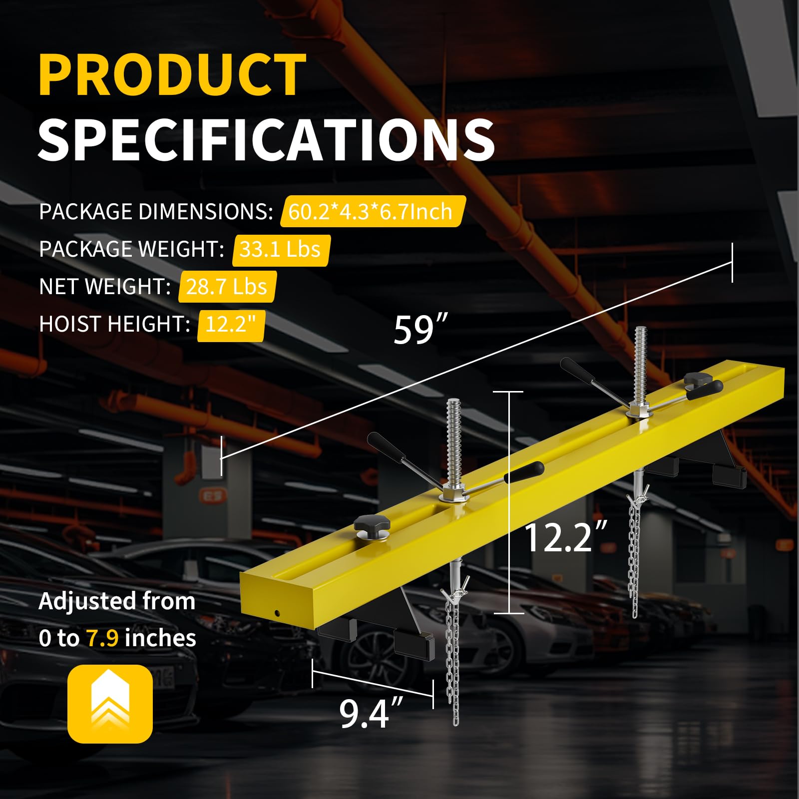 Garvee Engine Support Bar, 1100 lbs Capacity Transverse Motor Lift Hoist with Dual Hooks, 2-Point Holder for Home Garage and Auto Repair Shop, Yellow
