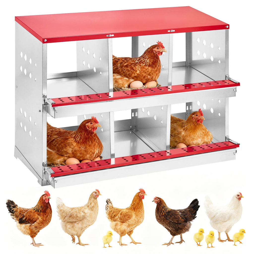 Garvee 6-Compartment Galvanized Steel Chicken Nesting Box – Rollaway Egg Collection, Turn-Over Lid, Red