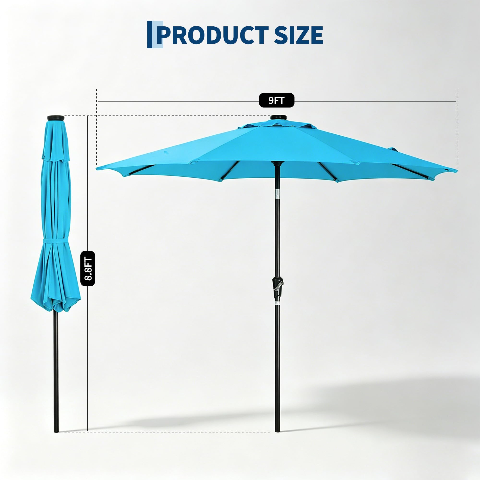 Garvee 9 FT Solar LED Patio Umbrella, Outdoor Market Table Umbrella with Tilt & Crank, 32 Lights, 8 Iron Ribs, UV Sun Shade for Garden, Deck & Pool, Blue