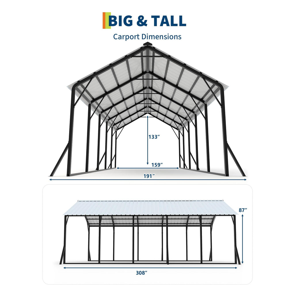 Garvee Metal Carport 13' × 26', 133" High-Clearance RV & Boat Shelter with 120° Vertical Roof, 10-Purlin Reinforced 19-Ga Steel Frame