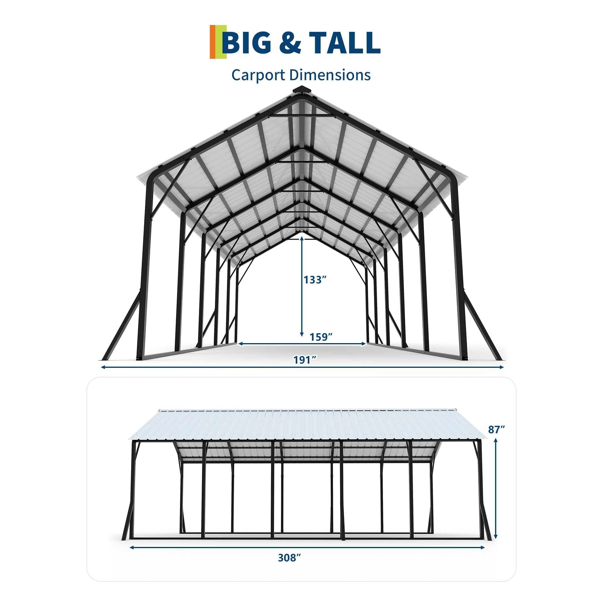 Garvee Metal Carport 13' × 26', 133" High-Clearance RV & Boat Shelter with 120° Vertical Roof, 10-Purlin Reinforced 19-Ga Steel Frame