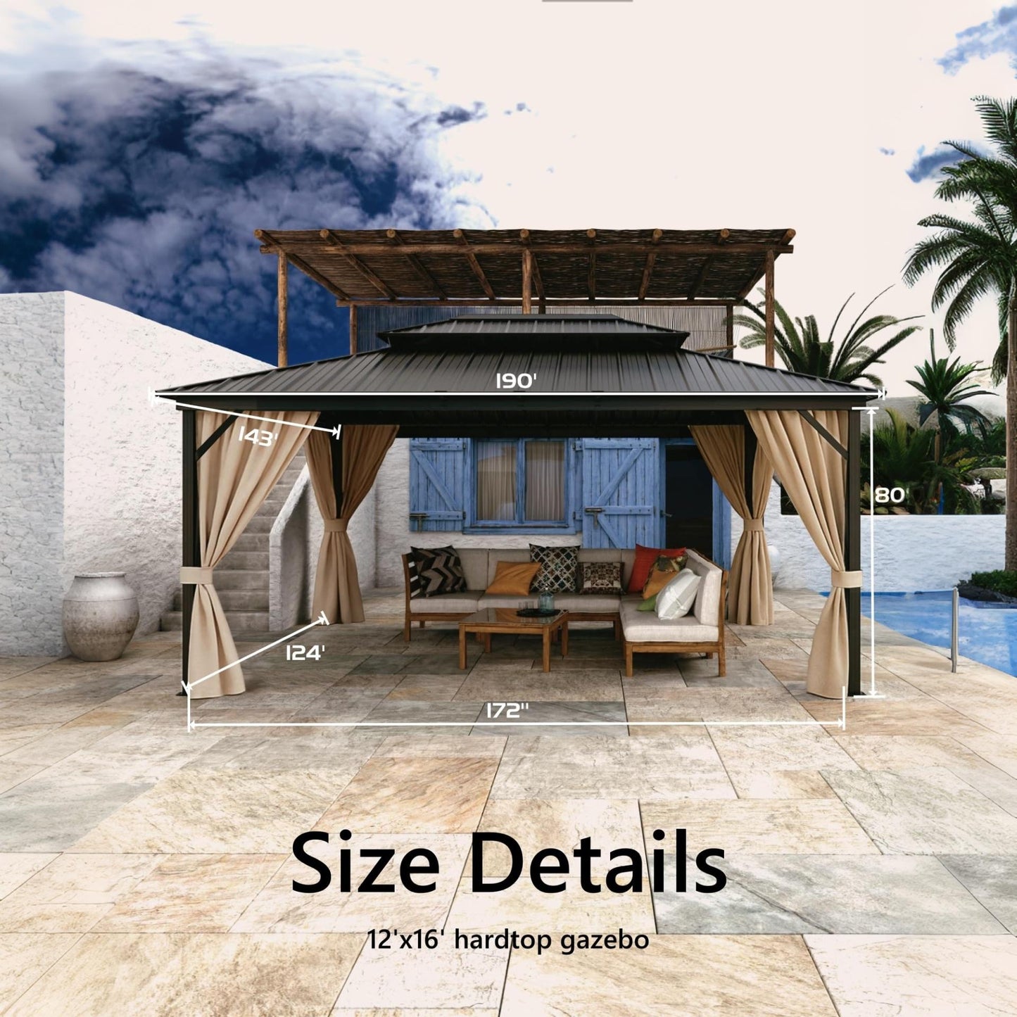 Garvee Hardtop Gazebo, 12 x 16 FT Khaki Permanent Pavilion with Double Metal Roof, Aluminum Alloy Frame, Netting and Curtains for Patio and Backyard