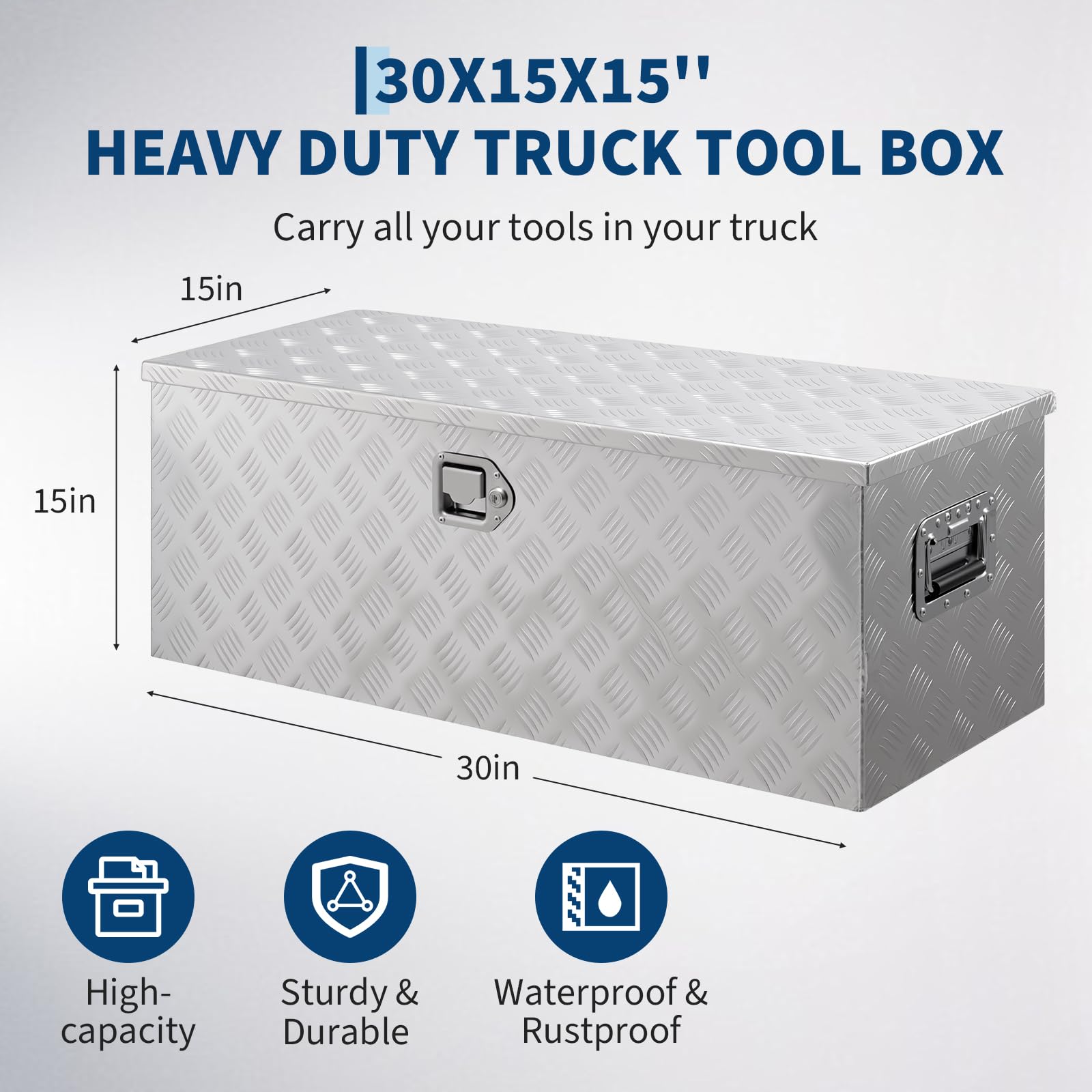 Garvee 30"x15"x15" Aluminum Truck Bed Tool Box, Weatherproof Storage Chest with Lock & Keys, Side Handles, Gas Strut Lid, Large-Capacity Heavy-Duty Organizer for Pickup, Trailer, and RV, Silver
