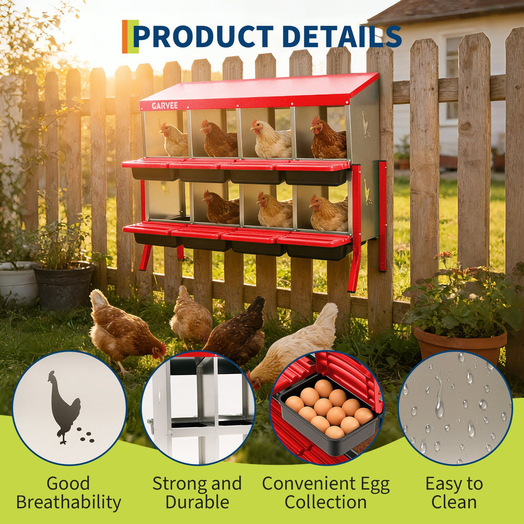 Garvee 8 Compartment Metal Chicken Nesting Box – Heavy Duty Galvanized Steel, Easy Clean Removable Tray, Soft Cushion, Ventilated, Bracket Legs for Outdoor Chicken Coop – Red with Chicken Design