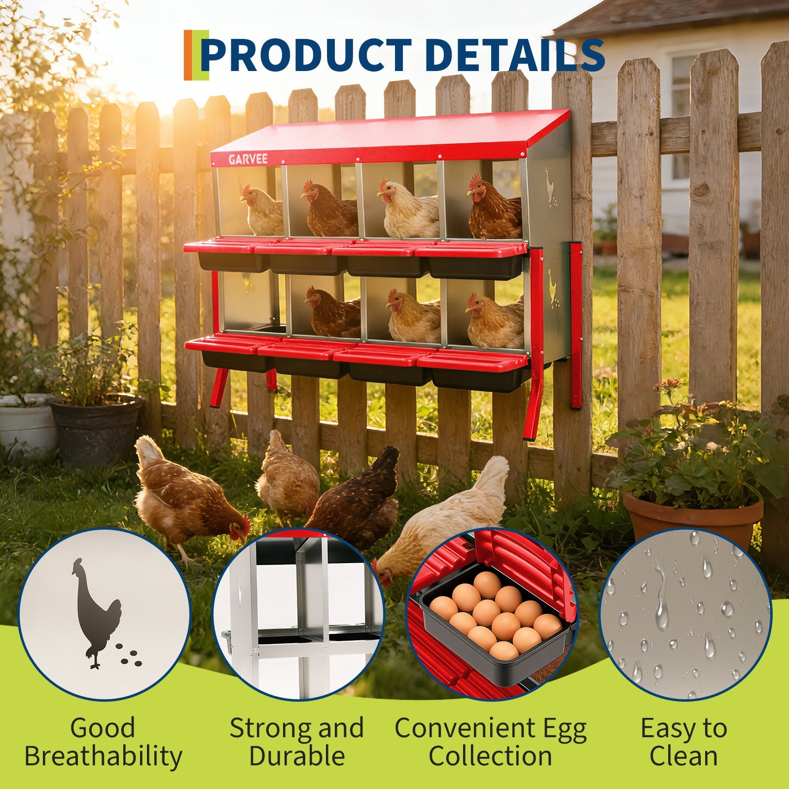 Garvee 8 Compartment Metal Chicken Nesting Box – Heavy Duty Galvanized Steel, Easy Clean Removable Tray, Soft Cushion, Ventilated, Bracket Legs for Outdoor Chicken Coop – Red with Chicken Design