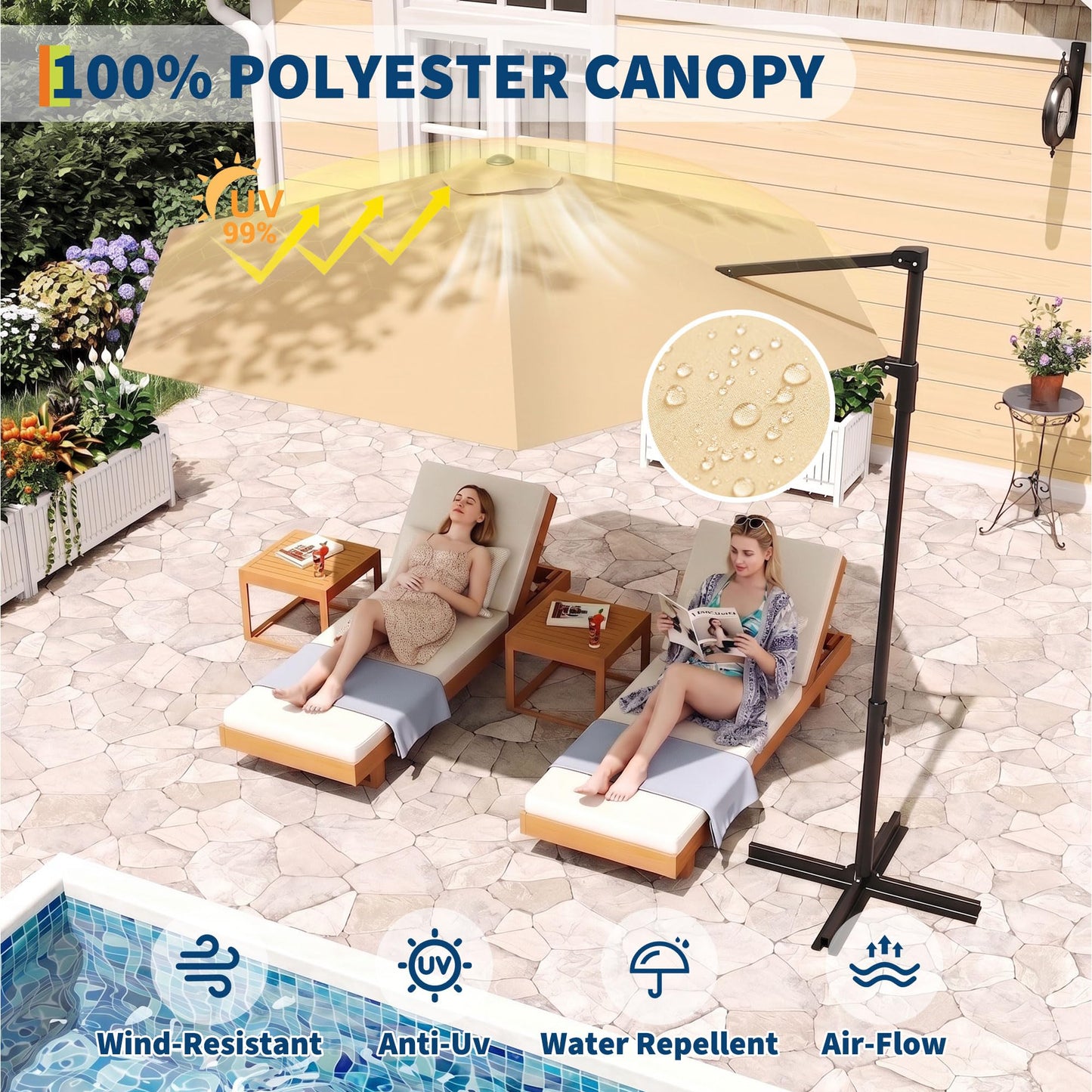 Garvee Cantilever Patio Umbrella, 9 FT Khaki Offset Sun Shade with UV-Resistant Vented Canopy for Deck, Backyard, Poolside and Balcony