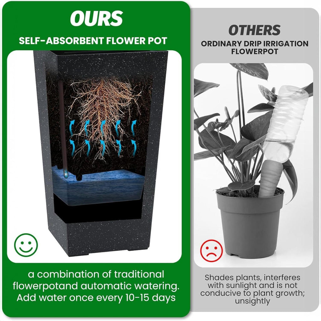 Garvee Self-Watering Planter Pots for Patio and Balcony, 4-Pack 16-Inch Black Plastic Flower Pots with 4 Inner Buckets and Water Gauges