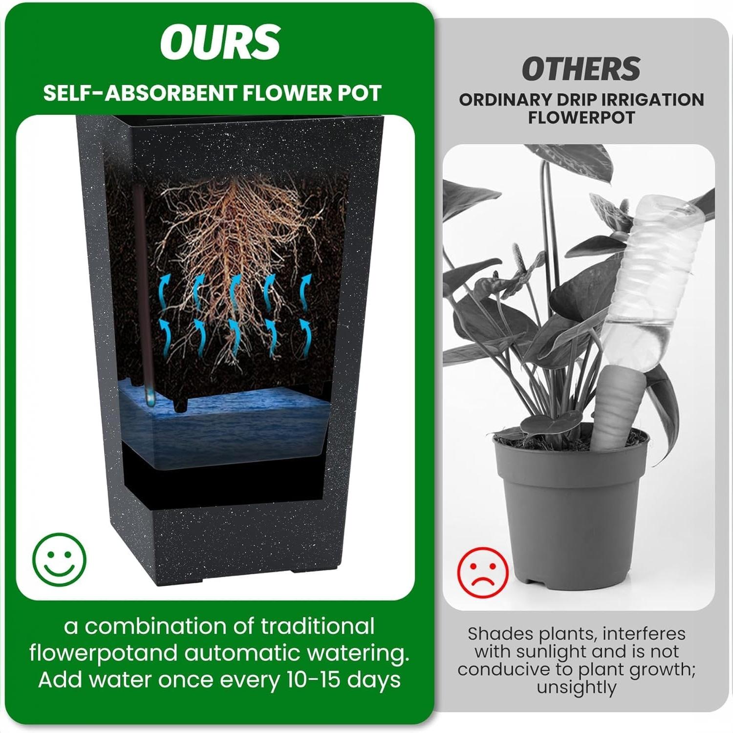 Garvee Self-Watering Planter Pots for Patio and Balcony, 4-Pack 16-Inch Black Plastic Flower Pots with 4 Inner Buckets and Water Gauges