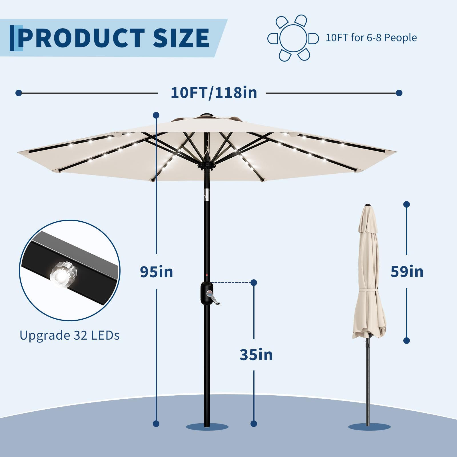 Garvee 10 FT Patio Umbrella with Solar Lights, Outdoor Table Umbrella with 8 Durable Ribs, Tilt & Crank Mechanism, Waterproof & UV Protection for Garden, Backyard, Poolside, Beige