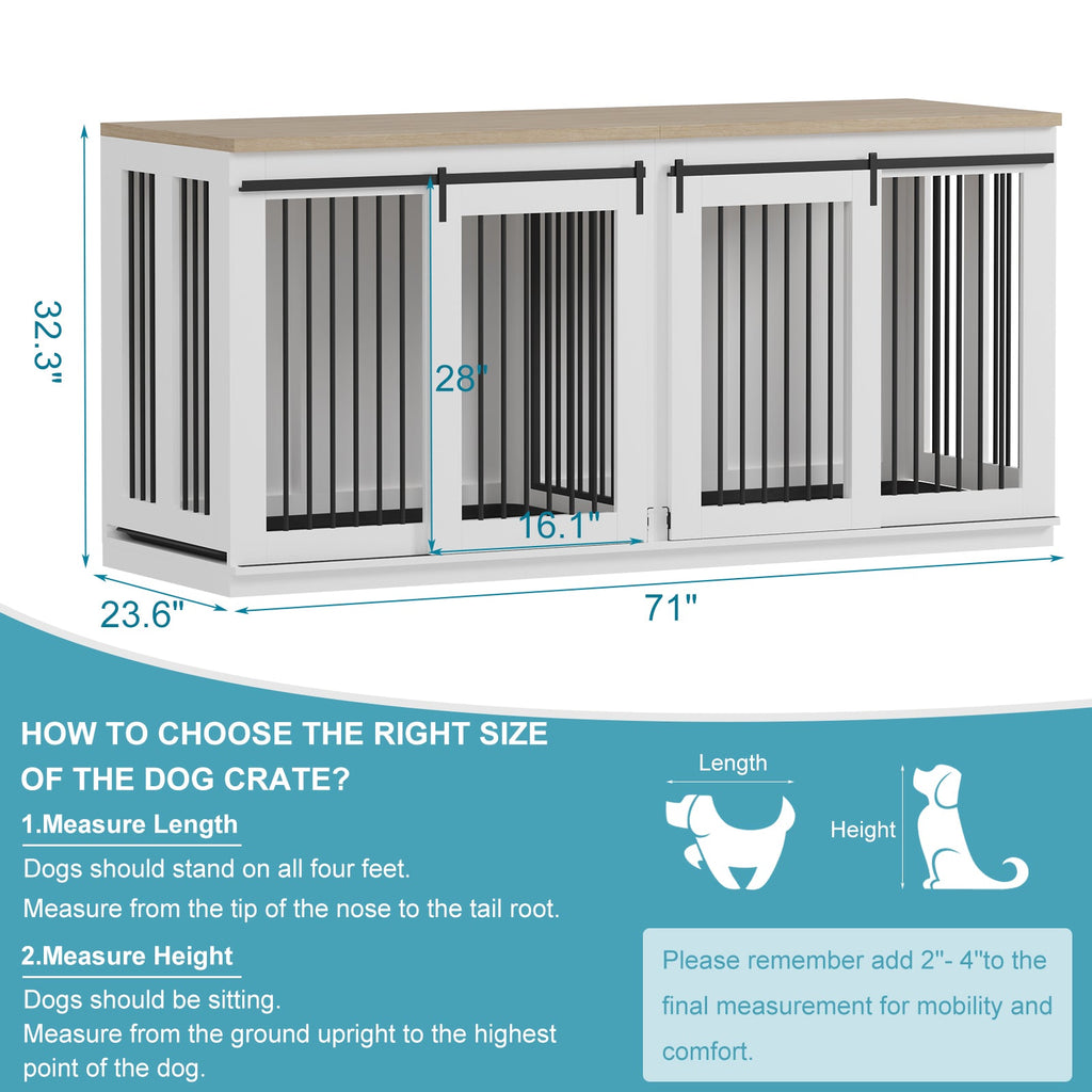 Garvee Heavy Duty Double Dog Crate Furniture for 2 Large Dogs – Wooden Dog Kennel with Removable Divider, Sliding Barn Door, 2 Trays, TV Stand, Modern Indoor End Table – Color: White / Light Oak