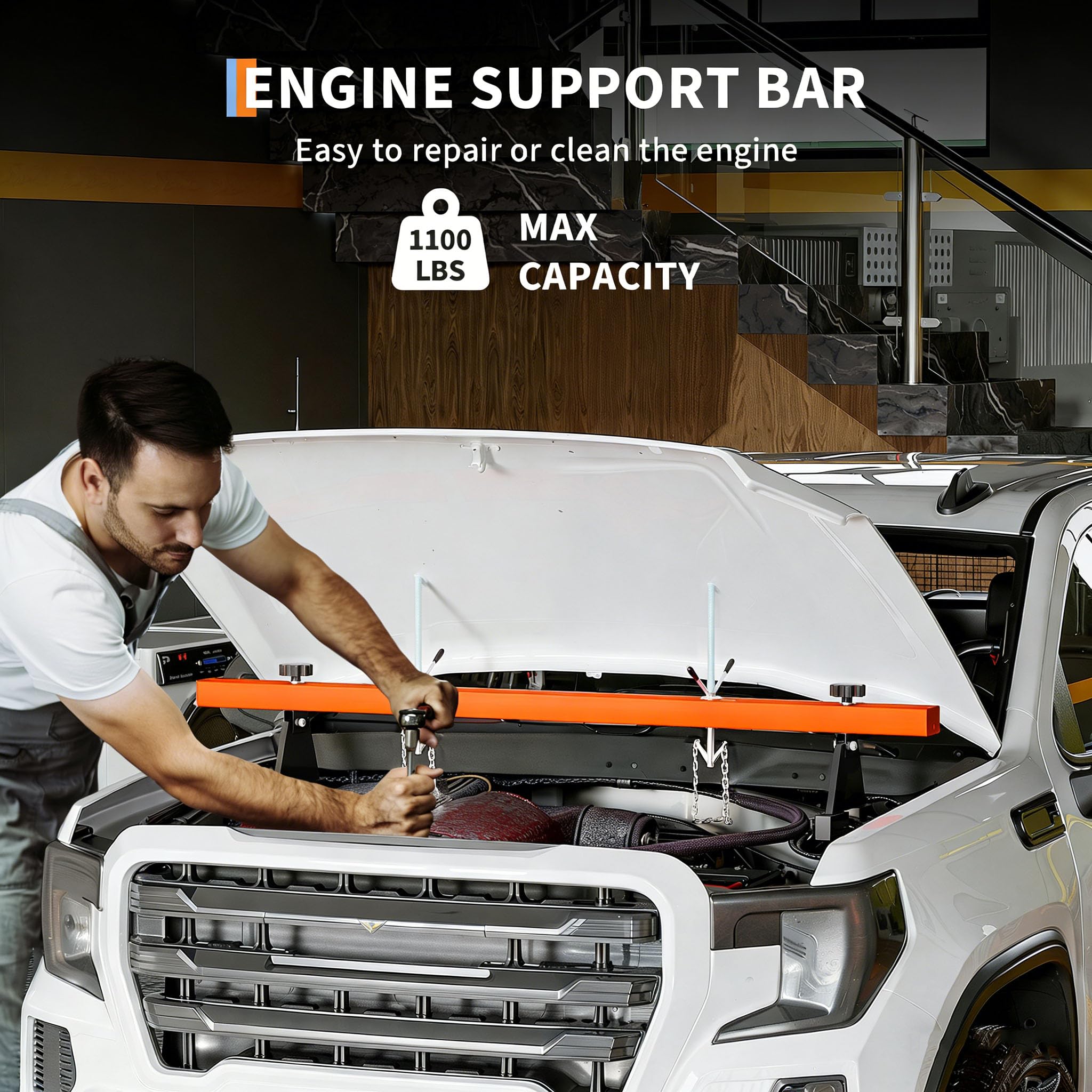 Garvee Engine Support Bar, 1100 lbs Capacity Transverse Motor Lift Hoist with Dual Hooks, 2-Point Holder for Home Garage and Auto Repair Shop, Orange