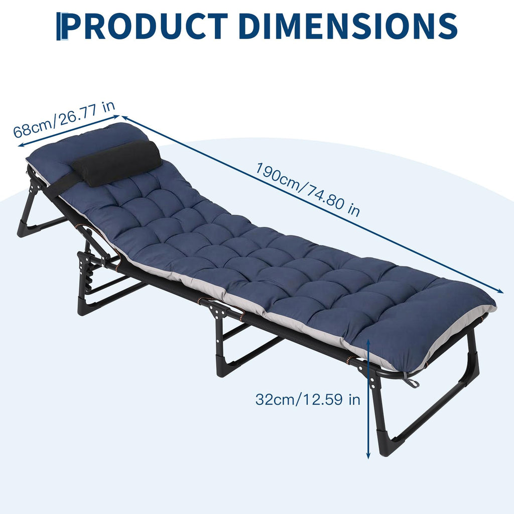 Garvee 75" Folding Camping Cot with Thick Mattress, 8-Leg Rectangular Adjustable Lounge Chair with Headrest Pillow & Side Pocket, Heavy Duty Foldable Guest Bed for Indoor Office & Outdoor Travel - Blue