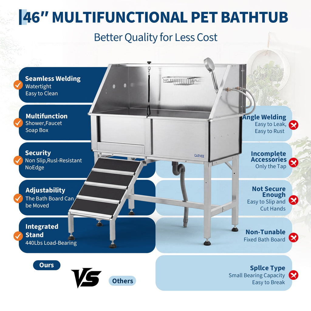 Garvee 46 Inch Stainless Steel Dog Washing Station with Walk-in Ramp, Heavy Duty Pet Grooming Bathtub, Brushed Finish, Left Door Options
