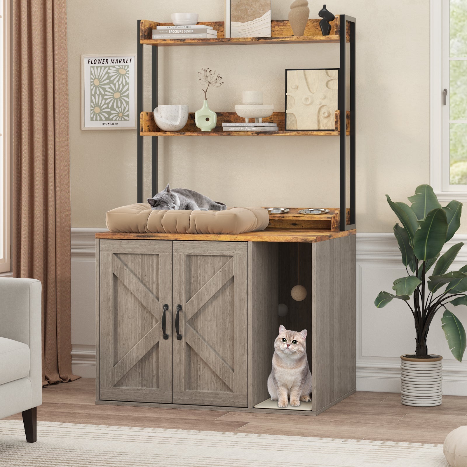 Garvee 55" H Cat Litter Box Enclosure Hidden Litter Box Furniture, Wooden Cat House with 2 Storage Shelves and Charging Sockets, Large Indoor Cabinet for Living Room Entryway, Gray& Brown