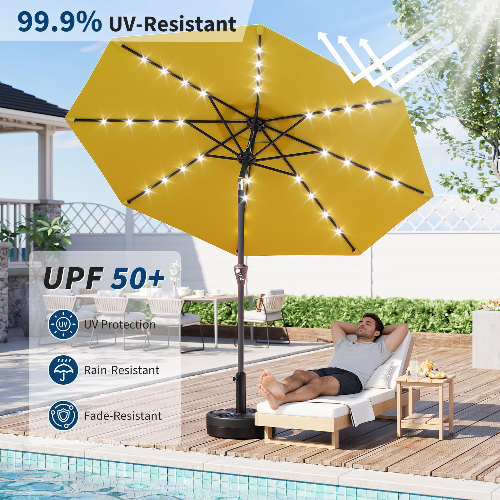 Garvee 10 ft Solar Patio Umbrella with 32 LED Lights, Outdoor Market Umbrella with Crank Lift & Tilt, UV-Resistant Canopy for Pool, Garden & Backyard, Yellow