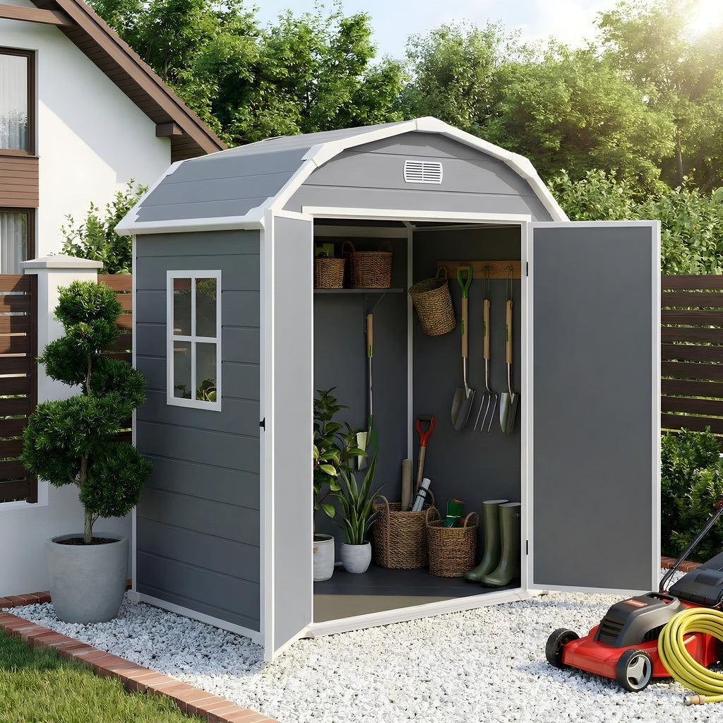 Garvee 6×4.5FT Resin Outdoor Storage Shed, Waterproof Garden Tool Shed with Floor, Window, Vents, Lockable Door & Ramp, UV-Resistant Patio Storage House for Backyard, Garden, Light Grey