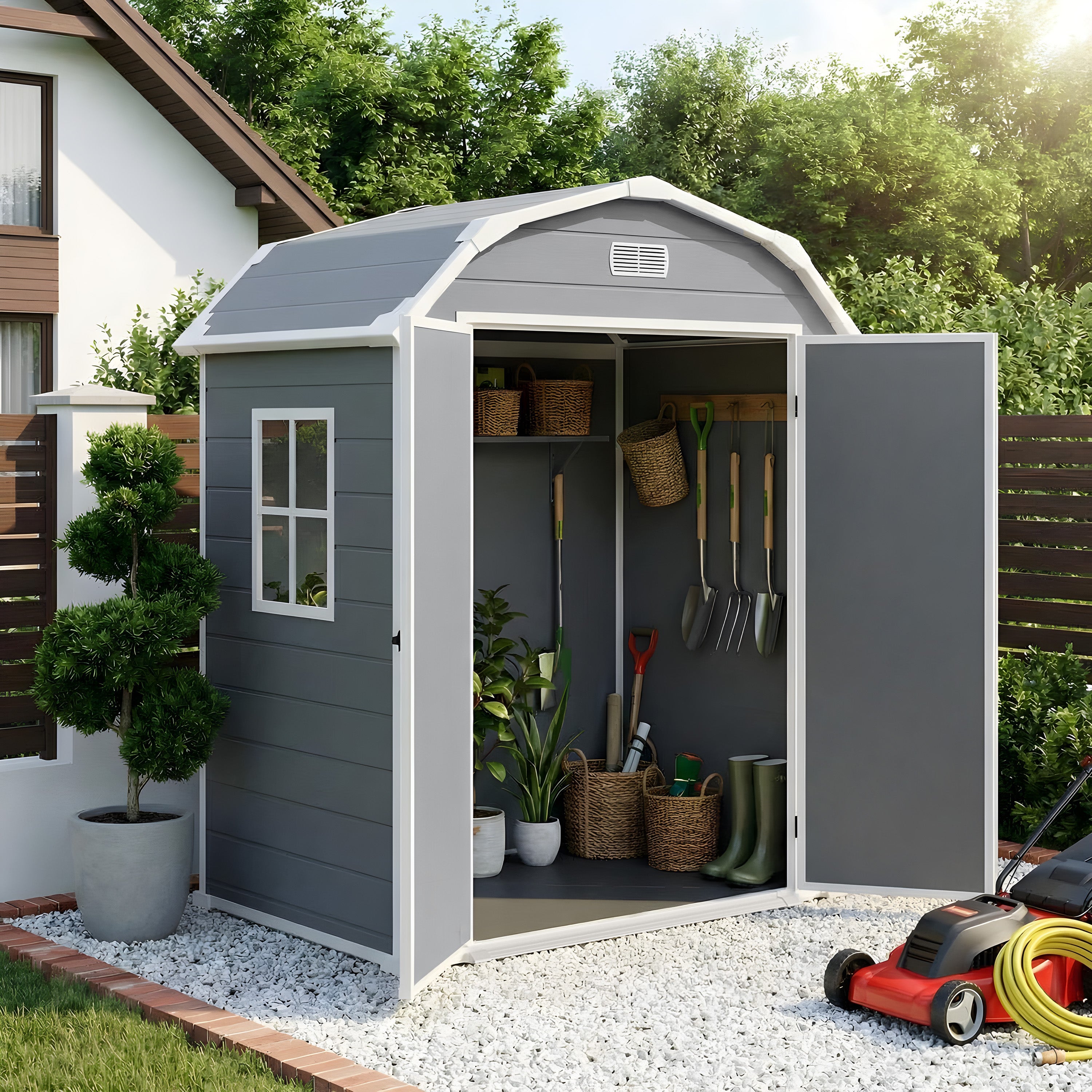 Garvee 6×4.5FT Resin Outdoor Storage Shed, Waterproof Garden Tool Shed with Floor, Window, Vents, Lockable Door & Ramp, UV-Resistant Patio Storage House for Backyard, Garden, Light Grey