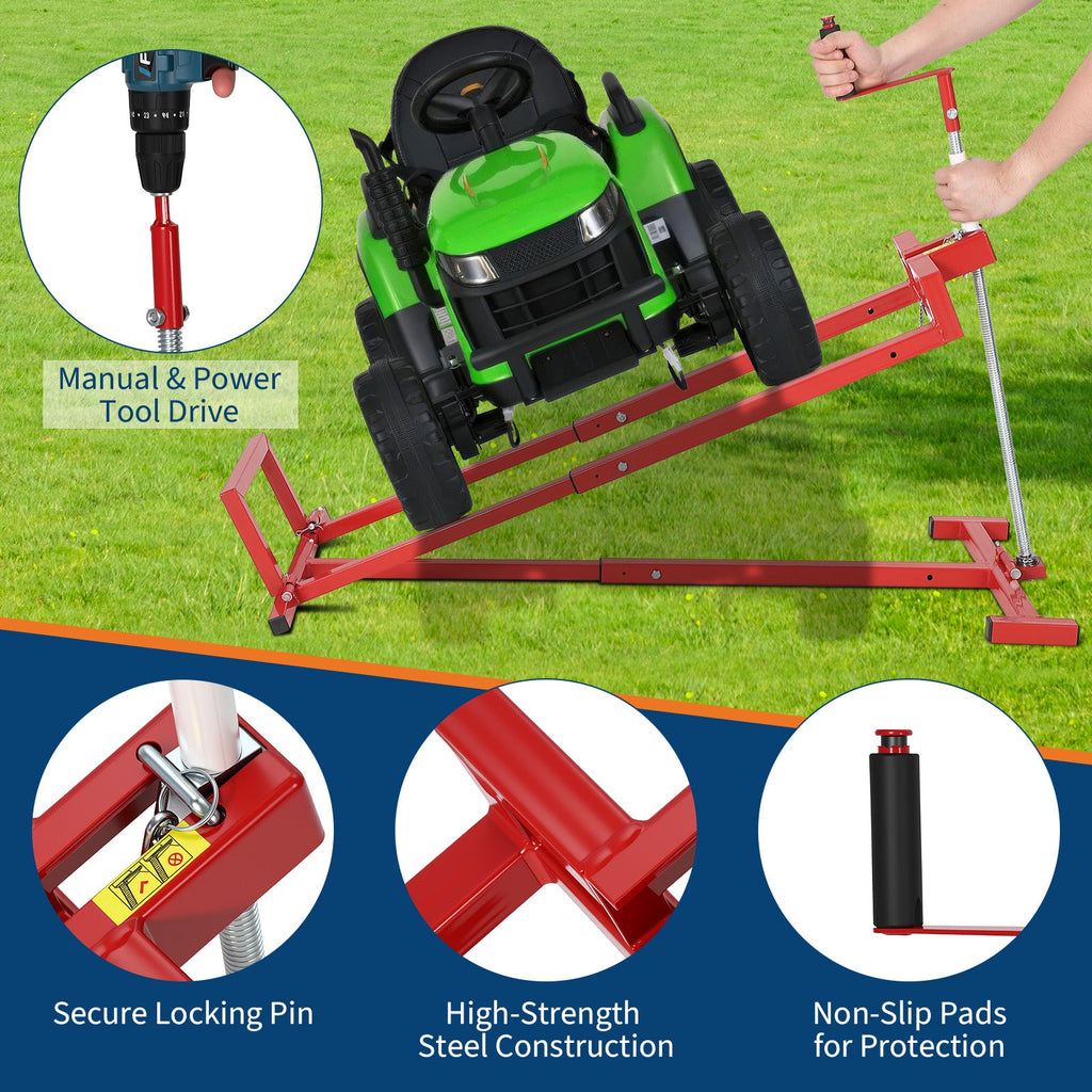 Garvee Lawn Mower Lift Jack, 880 Lbs Capacity Telescopic Maintenance Jack for Riding Lawn Mowers, Foldable Lifting Platform with Crank & Power Tool Handle
