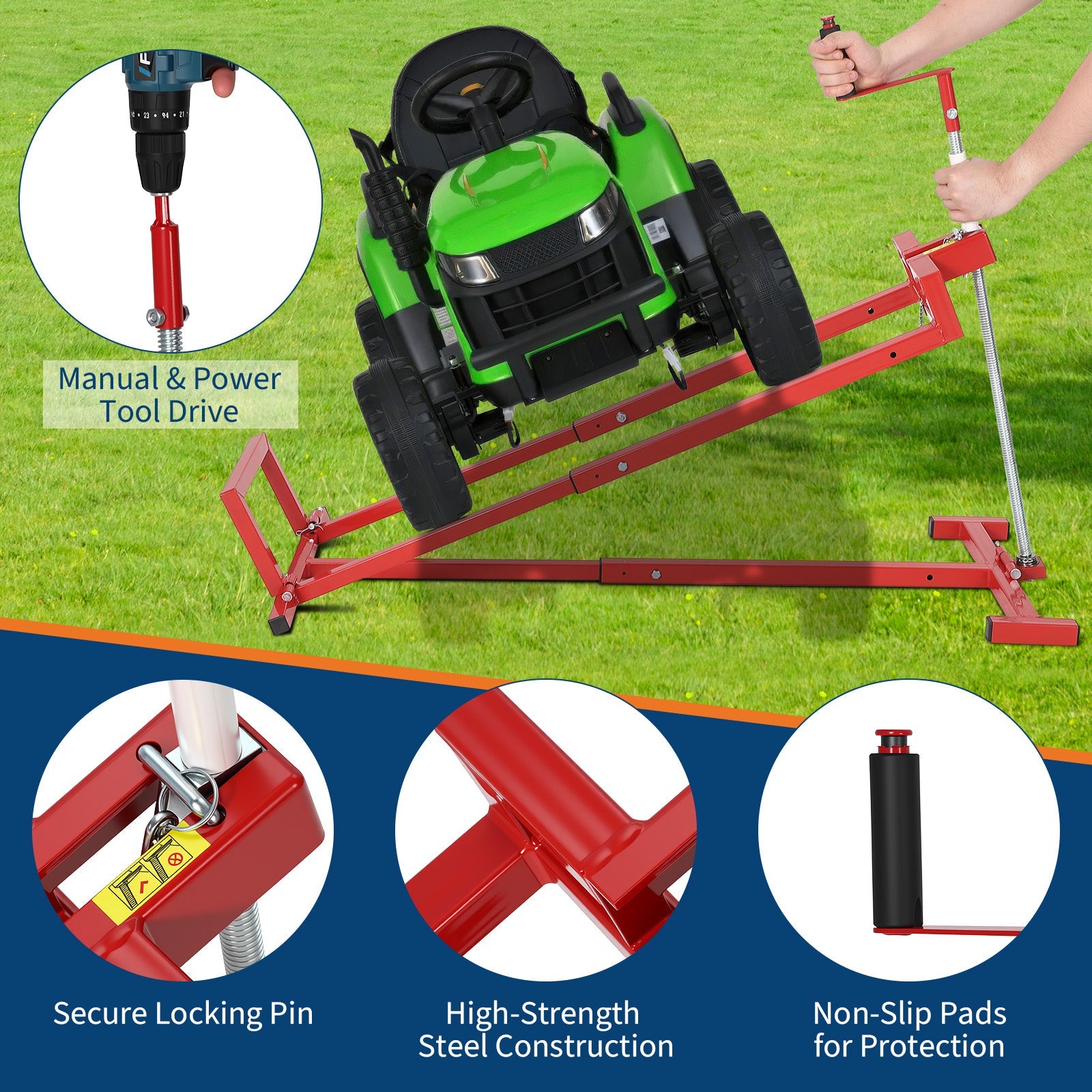 Garvee Lawn Mower Lift Jack, 880 Lbs Capacity Telescopic Maintenance Jack for Riding Lawn Mowers, Foldable Lifting Platform with Crank & Power Tool Handle