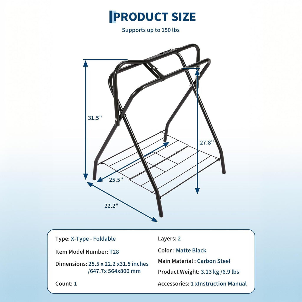 Garvee Heavy Duty Collapsible Saddle Rack with Storage Shelf (2-Pack) - Freestanding Steel X-Frame Stand for English & Western Saddles, Horse Tack, and Blanket Organizer, Matte Black