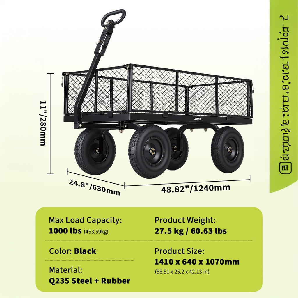 Garvee 1000LBS Heavy Duty Steel Garden Cart Wagon with 13" Pneumatic Tires, Removable Mesh Sides & Rotating Handle, Outdoor Utility Wagon for Garden, Lawn, Yard & Farm, Black