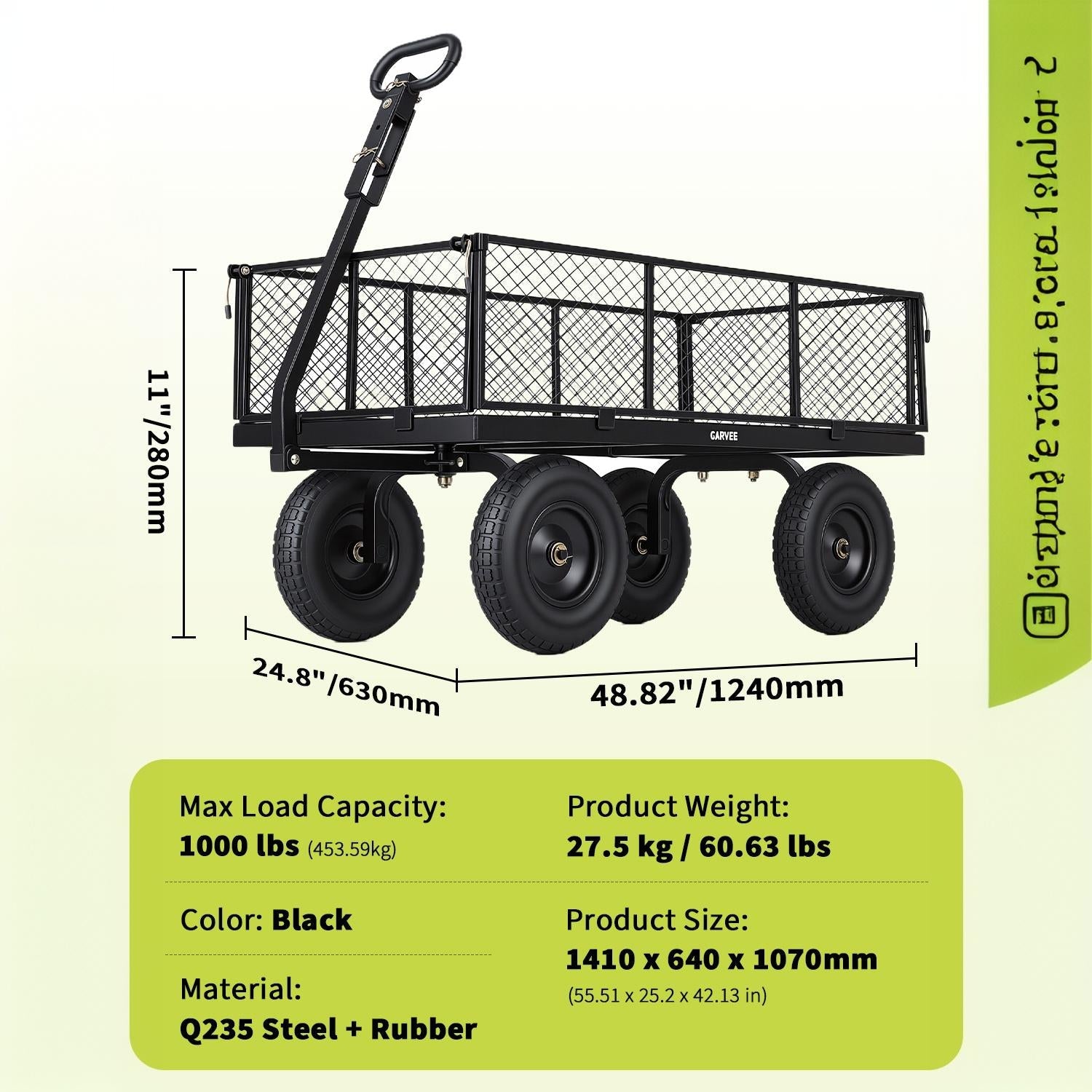 Garvee 1000LBS Heavy Duty Steel Garden Cart Wagon with 13" Pneumatic Tires, Removable Mesh Sides & Rotating Handle, Outdoor Utility Wagon for Garden, Lawn, Yard & Farm, Black