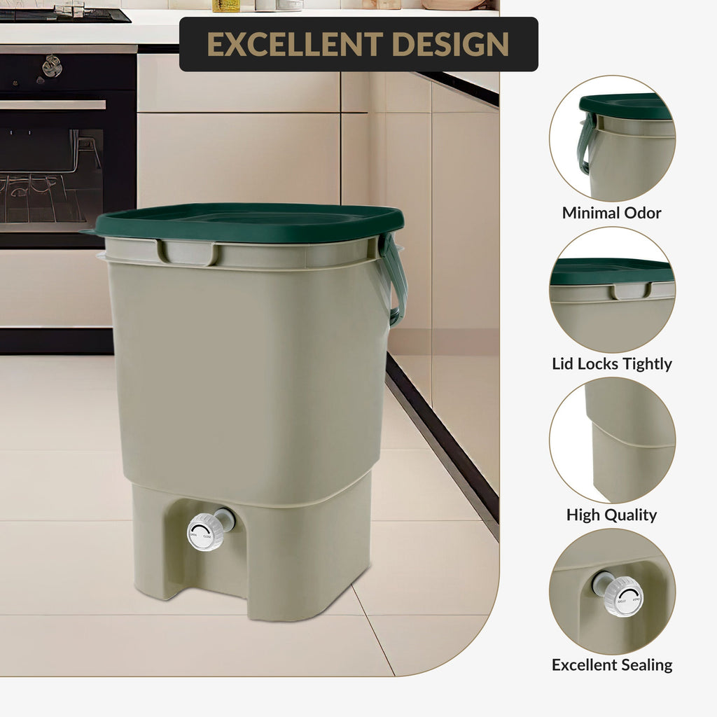 Garvee Bokashi Compost Bin with Lid & Spigot, PP Kitchen Fermentation Bucket with Strainer for Indoor Outdoor Food Waste, 11.8" × 11.8" × 15.9"