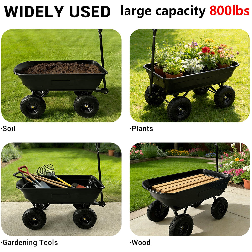 Garvee 600 Lbs Garden Dump Cart, Heavy Duty Outdoor Wagon with Quick Release & 10" Flat-Free Wheels for Yard, Soil & Tools – Black