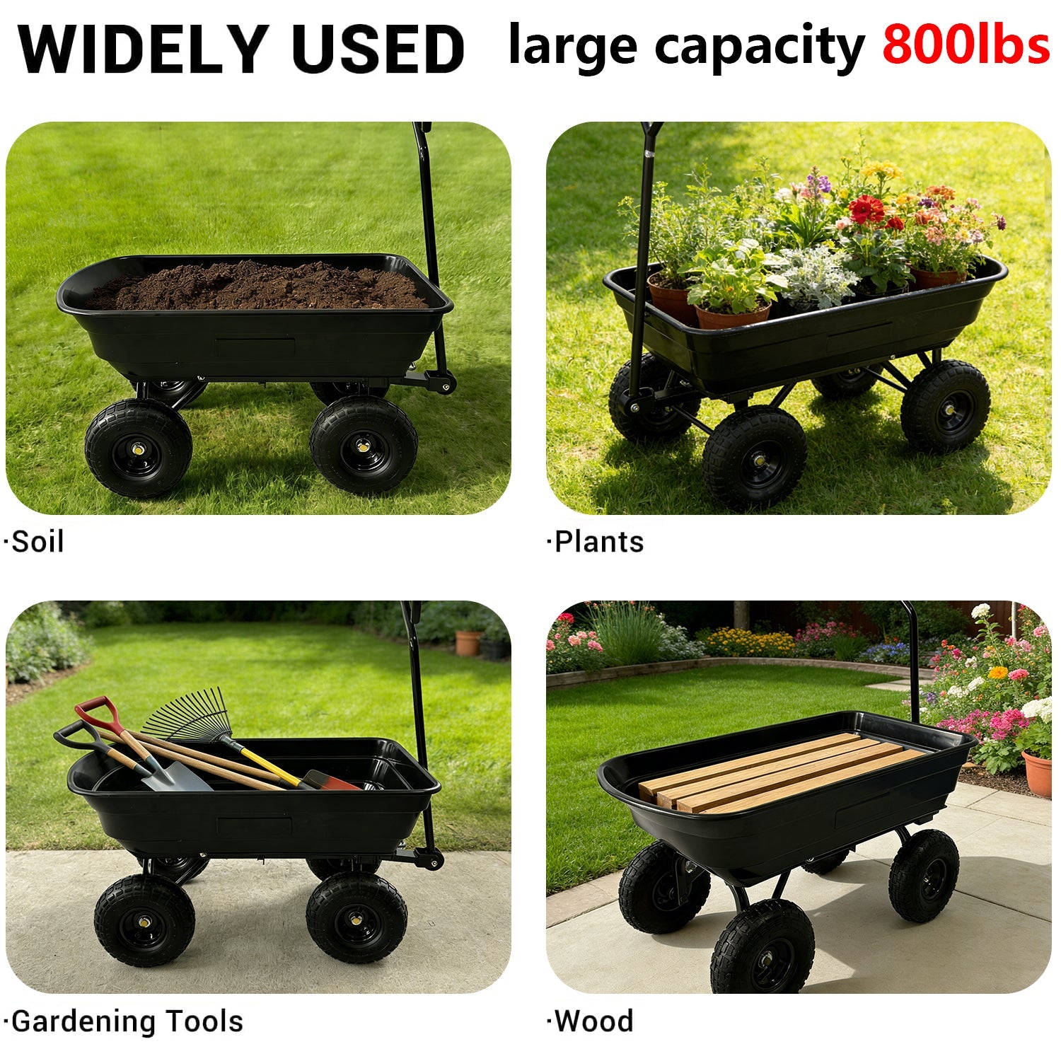Garvee 600 Lbs Garden Dump Cart, Heavy Duty Outdoor Wagon with Quick Release & 10" Flat-Free Wheels for Yard, Soil & Tools – Black