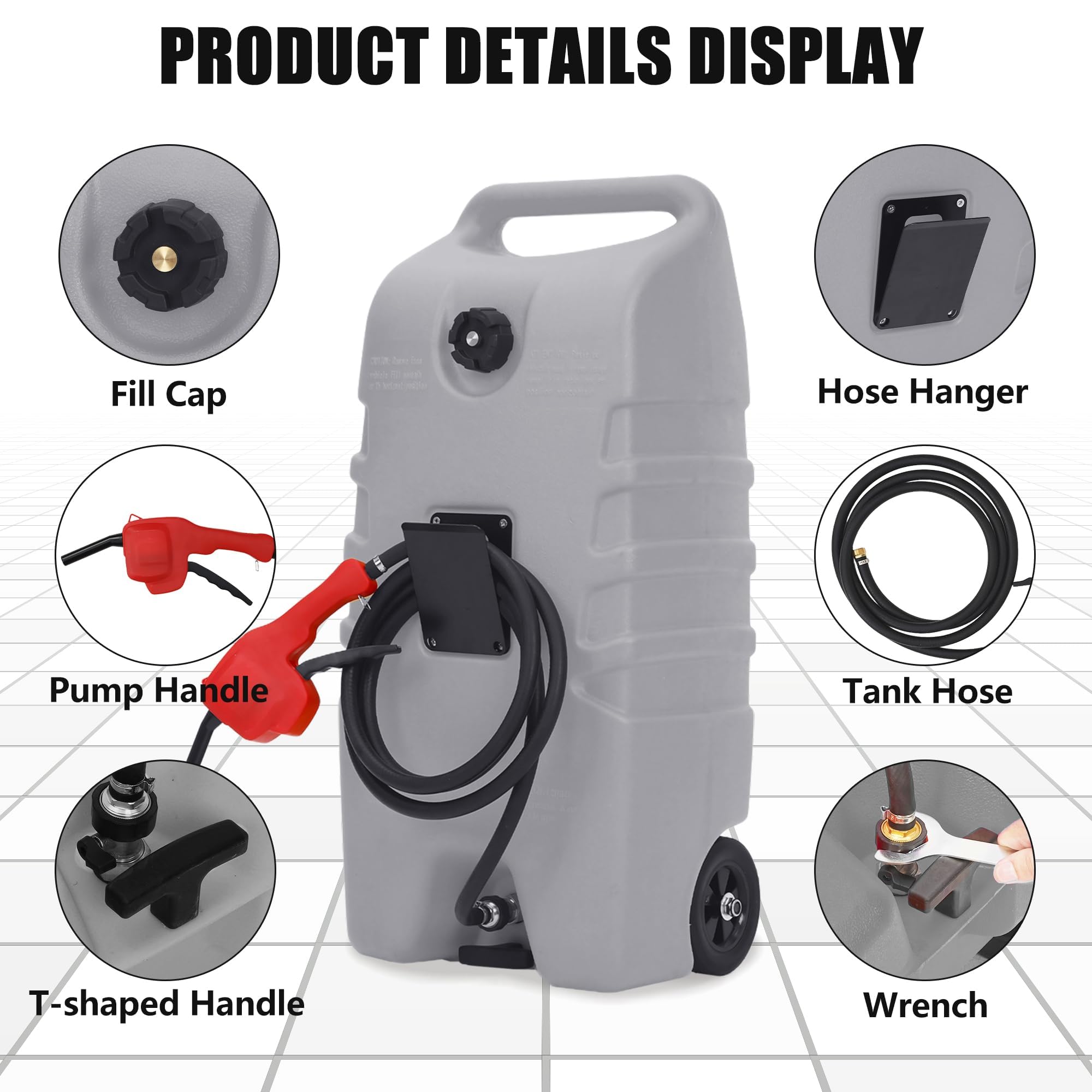 Garvee 14 Gallon Gas Can Fuel Caddy with Manual Pump, Leak-Proof Dual-Valve, HDPE Material, Wheels & 10ft Hose, for Cars & Boats, Grey