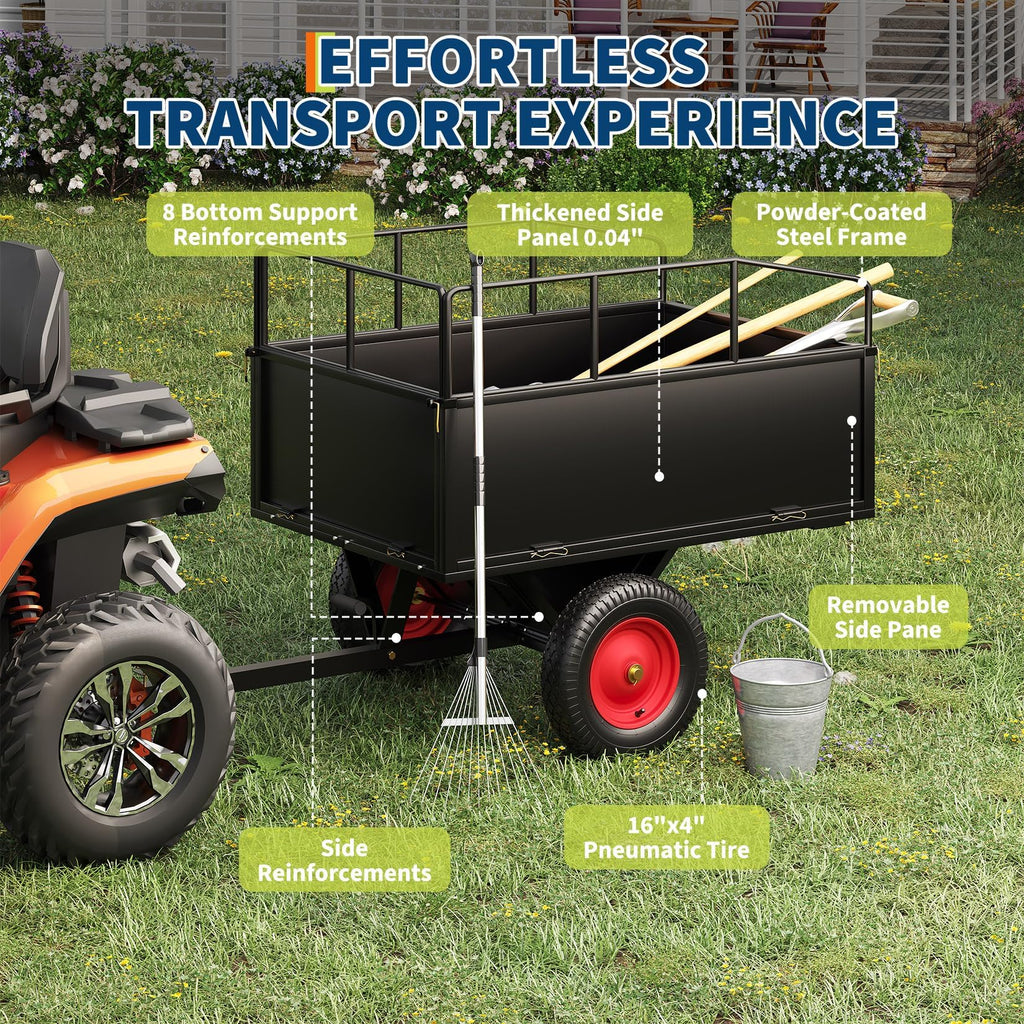 Garvee 750 lb ATV Dump Cart, 17 Cu. Ft. Tow-Behind Steel Utility Trailer with Removable Sides, 16 in Tires & Universal Hitch for Lawn Tractor