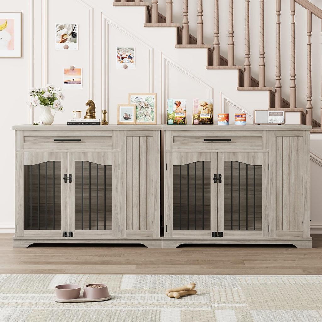 Garvee Wooden Dog Crate Furniture with Feeding Bowls & Storage, Heavy Duty Indoor Dog Kennel End Table, Decorative Furniture Dog Crate for Small Medium Large Dogs, Gray