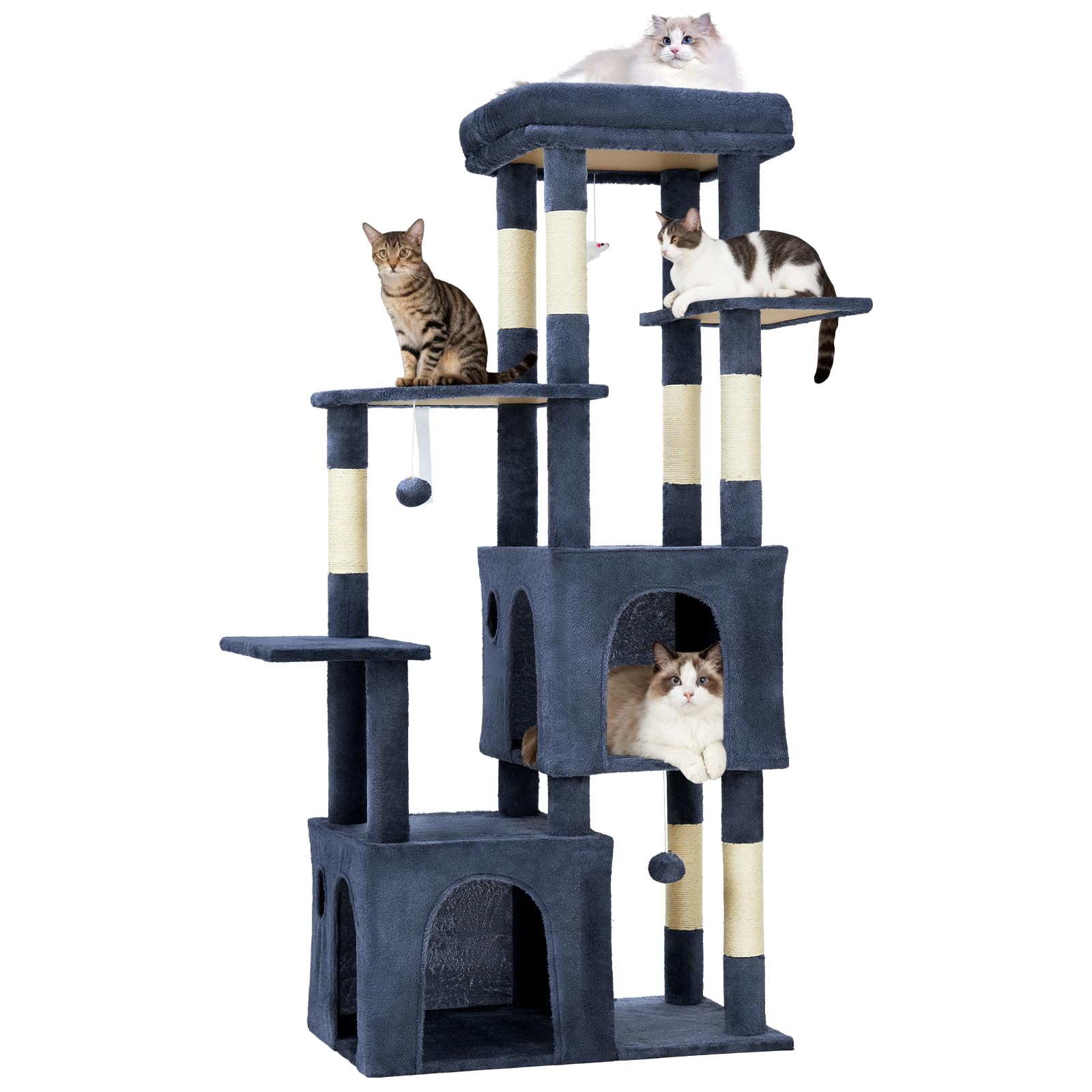 Garvee 61" Multi-Level Cat Tree for Indoor Cats, Heavy-Duty Tower for Large Adult & Maine Coon Cats with Oversized Perch, Dual Condos, Natural Sisal Scratching Posts & Play Toys – Blue