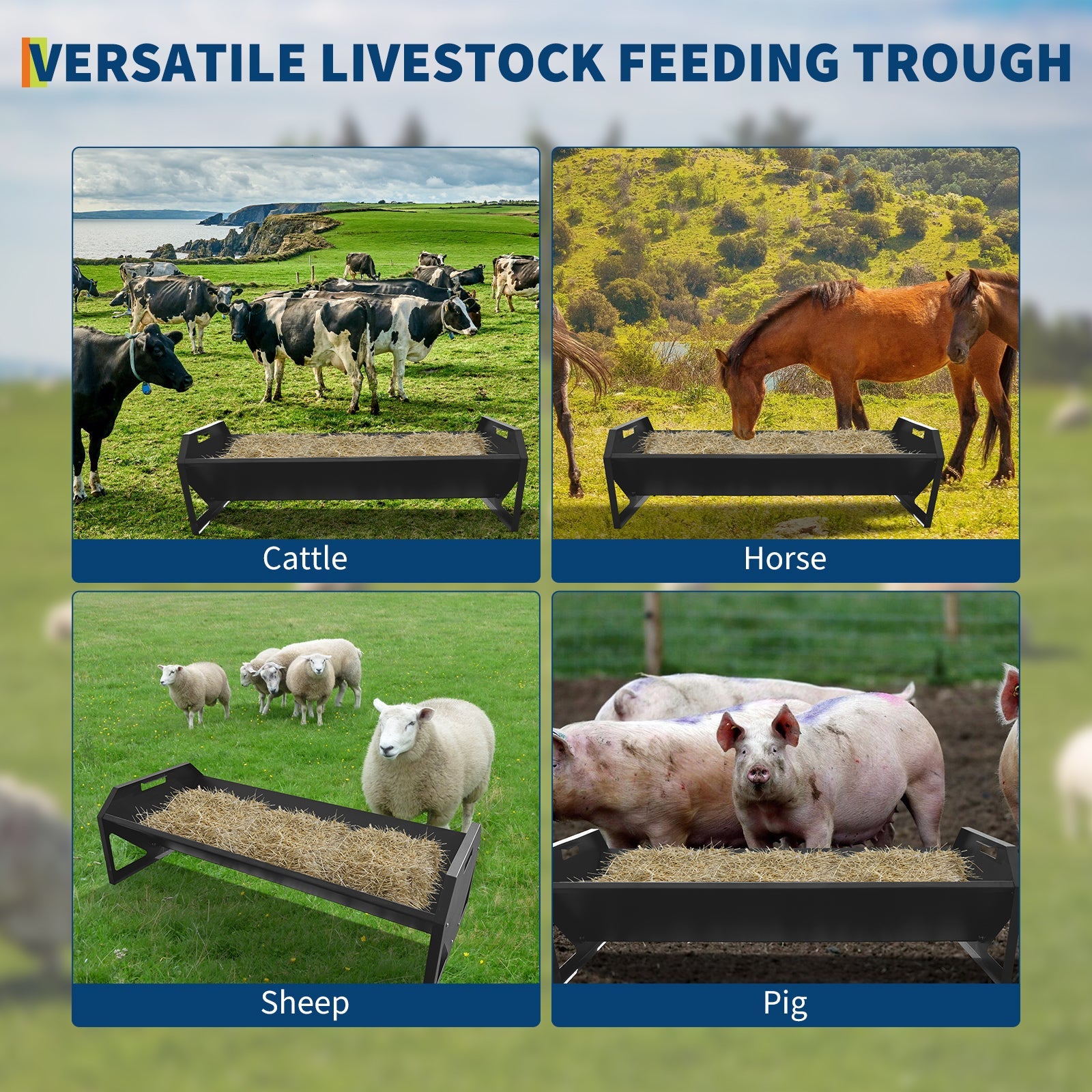 Garvee Livestock Feeder, 45.13" Hay Feeder for 10 Sheep Once, Heavy Duty 22 Gallon Capacity Livestock Feeding Trough for Horse, Goat, Sheep, Cattle, Cow, Alpaca, Black