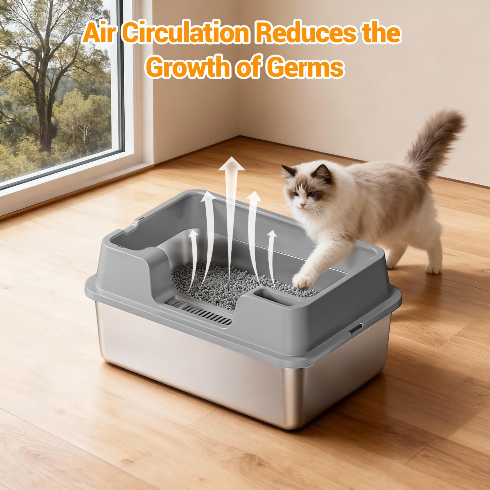 Garvee Large Stainless Steel Cat Litter Box, High Side Litter Box with Non-Stick, Scoop & Odor-Resistant, Metal Cat Pan for Multiple Cats, Rabbits & Small Pets, Easy to Clean, Gray