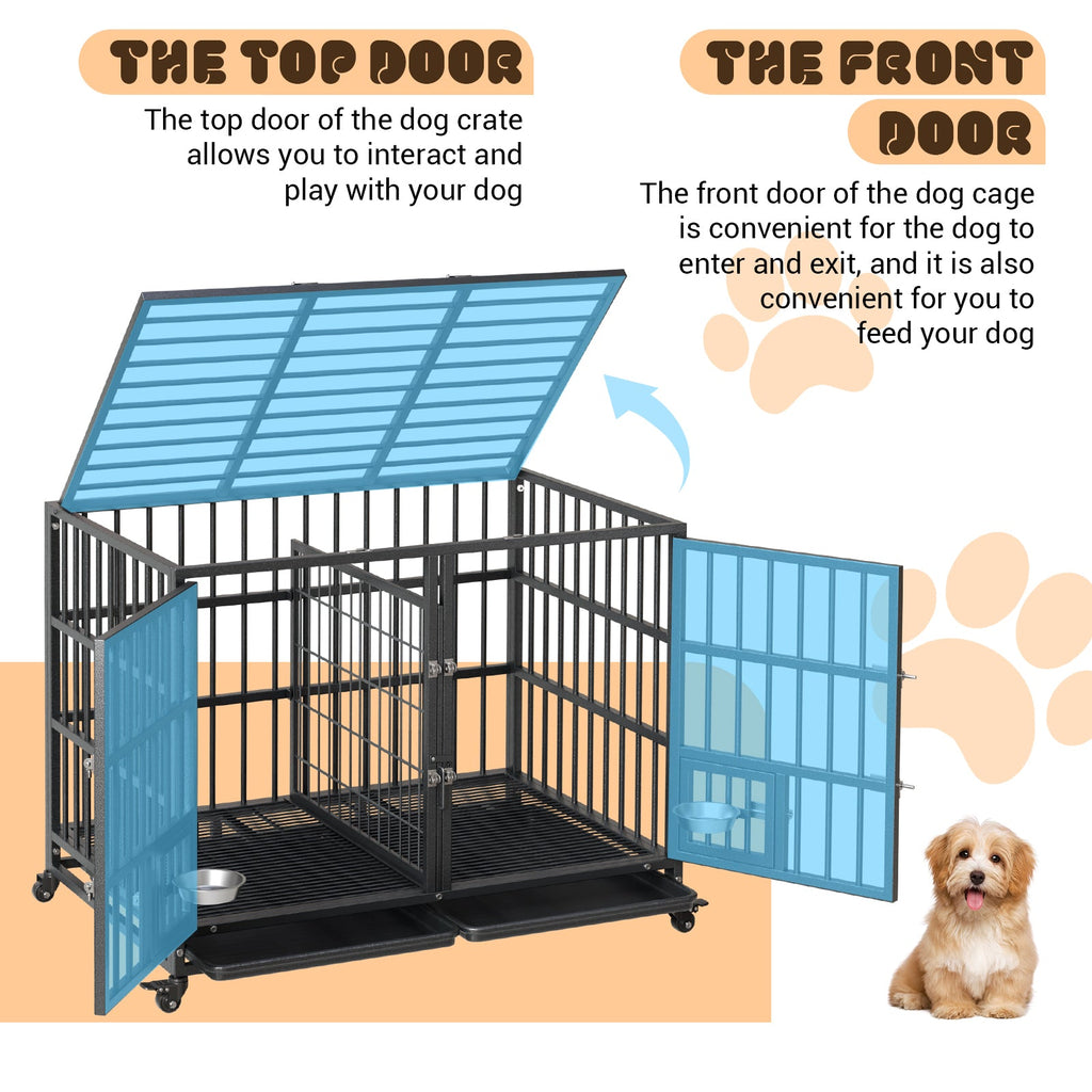 Garvee Heavy Duty Sliding Rail Dog Crate, 42 Inch Dog Crate with Double Door, 360° Lockable Wheels and Removable Tray, Easy to Assembly, Indoor Outdoor Dog Kennel for Small to Large Dogs