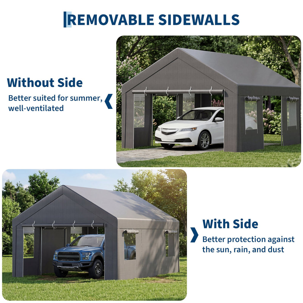 Garvee Portable Carport, 12 x 20 FT White Vehicle Shelter with Galvanized Steel Frame, 4 Roll-Up Doors and 4 Vent Windows for Cars, Trucks and Boats