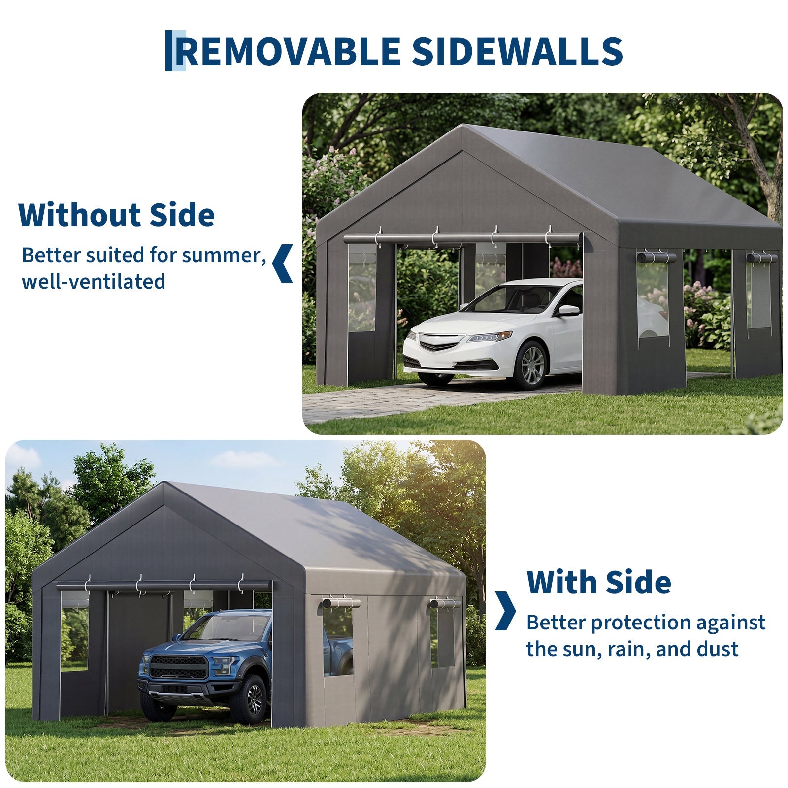 Garvee Portable Carport, 12 x 20 FT White Vehicle Shelter with Galvanized Steel Frame, 4 Roll-Up Doors and 4 Vent Windows for Cars, Trucks and Boats