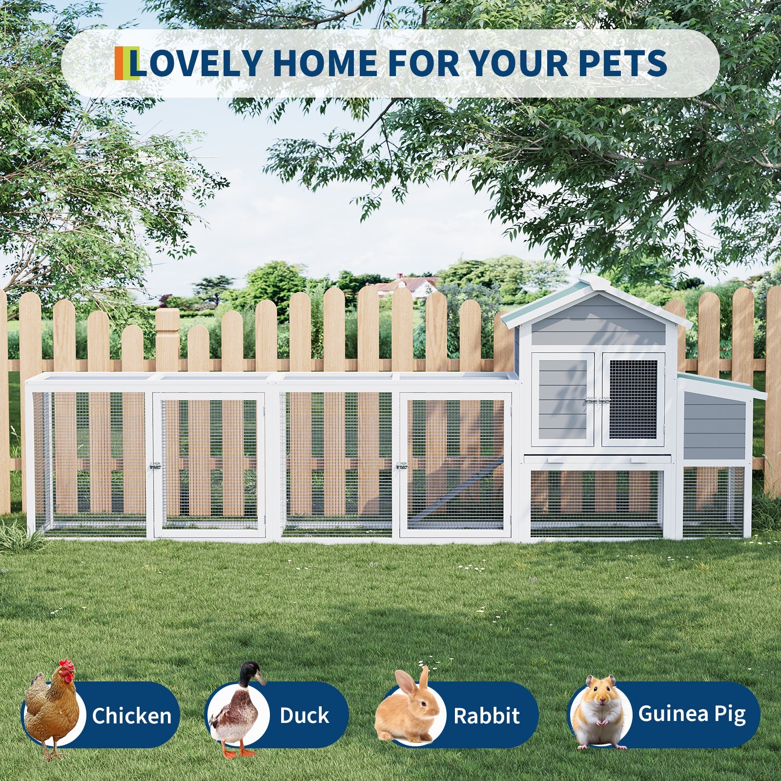 Garvee Spacious Outdoor Wooden Bird Cage – Large Chicken Coop with Run, Asphalt Roof, Nesting Box, Easy-Clean Sliding Tray – Perfect Aviary for 3-5 Chickens, Ducks, Rabbits – Sturdy 580 Chicken Cage, Green