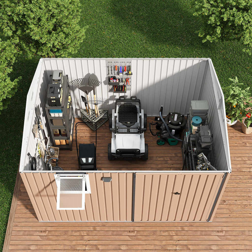 Garvee 10x8FT Brown Metal Outdoor Storage Shed with Pushable Window, LED Light & Pegboard, Lockable Double Doors, Sloping Roof, Ventilation, Corrosion-Resistant Steel Garden Tool Shed for Patio, Backyard & Garage